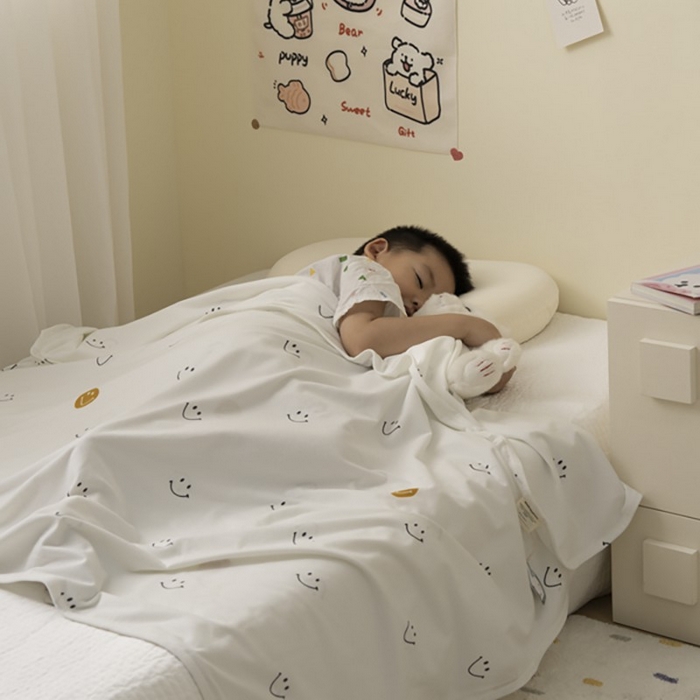 91家纺网 家纺一手货源 找家纺 寐居家纺 2025新款企鹅绒多功能儿童毛巾毯（可当披肩用） 企鹅绒毯-笑脸