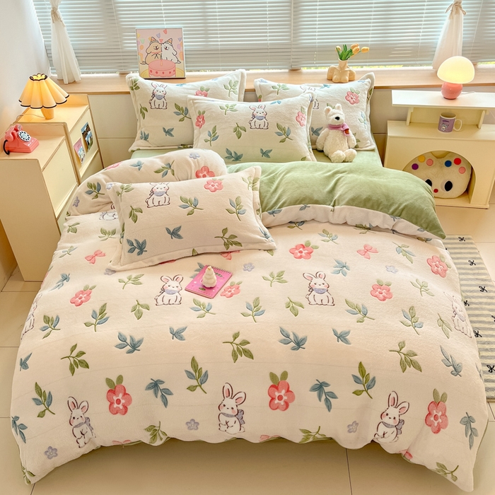 91家纺网 家纺一手货源 找家纺 慕尚家纺 2025新款高克重印花雪花绒四件套 好运兔