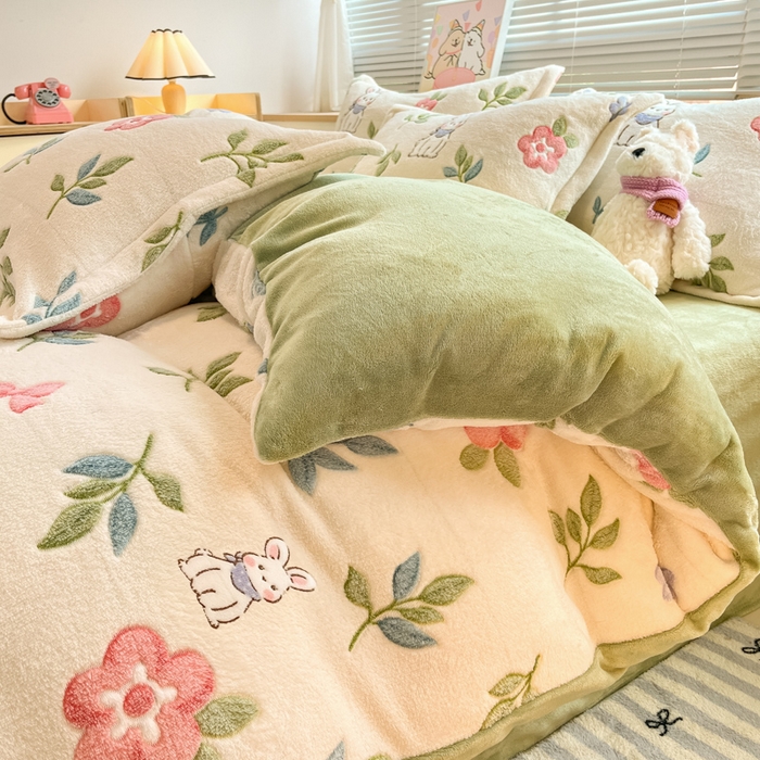 91家纺网 家纺一手货源 找家纺 慕尚家纺 2025新款高克重印花雪花绒四件套 好运兔