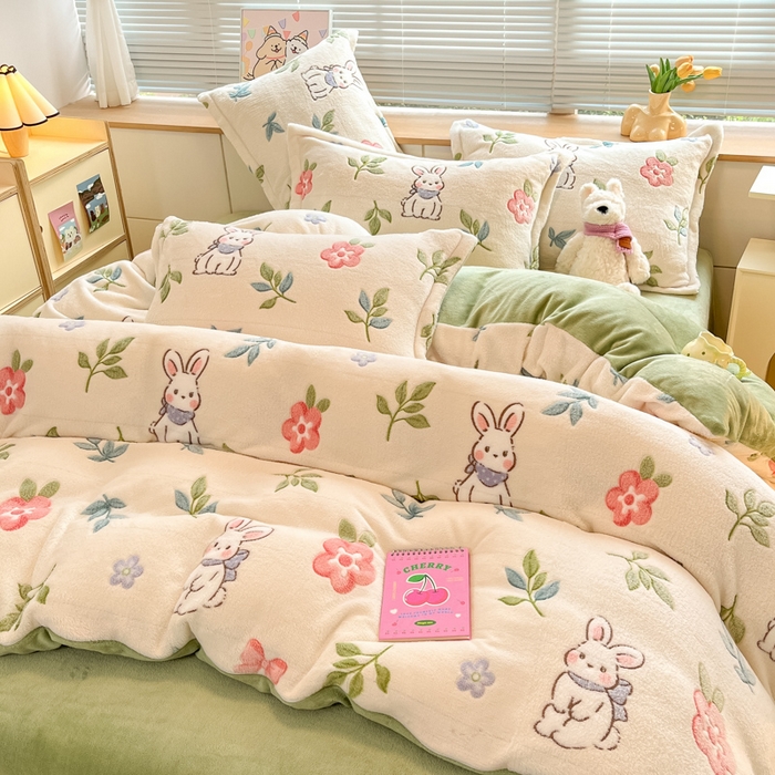 91家纺网 家纺一手货源 找家纺 慕尚家纺 2025新款高克重印花雪花绒四件套 好运兔