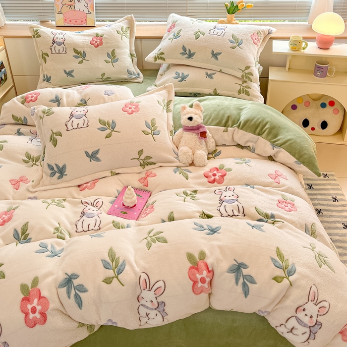 91家纺网 家纺一手货源 找家纺 慕尚家纺 2025新款高克重印花雪花绒四件套 好运兔