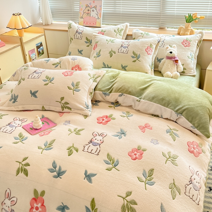 91家纺网 家纺一手货源 找家纺 慕尚家纺 2025新款高克重印花雪花绒四件套 好运兔