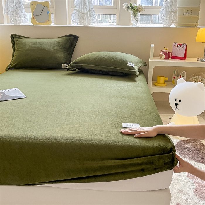 91家纺网 家纺一手货源 找家纺 857 2024新款纯色保暖高克重牛奶绒床笠 床笠-橄榄绿