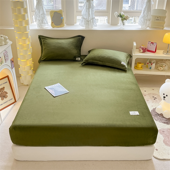 91家纺网 家纺一手货源 找家纺 857 2024新款纯色保暖高克重牛奶绒床笠 床笠-橄榄绿
