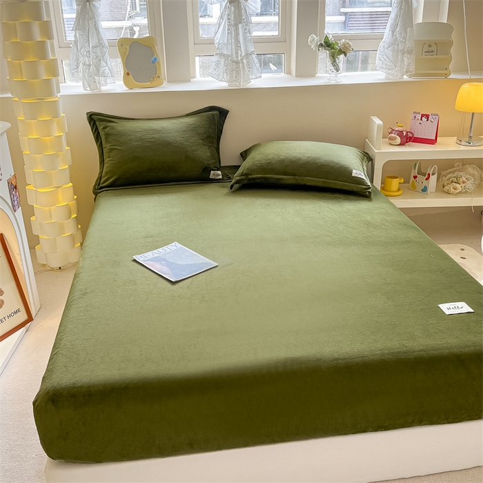 91家纺网 家纺一手货源 找家纺 857 2024新款纯色保暖高克重牛奶绒床笠 床笠-橄榄绿