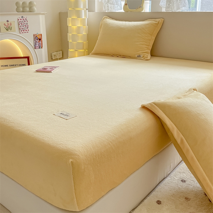 91家纺网 家纺一手货源 找家纺 857 2024新款纯色保暖高克重牛奶绒床笠 床笠-日光黄