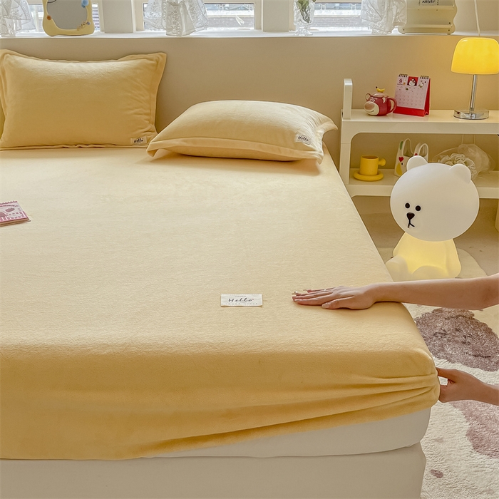91家纺网 家纺一手货源 找家纺 857 2024新款纯色保暖高克重牛奶绒床笠 床笠-日光黄