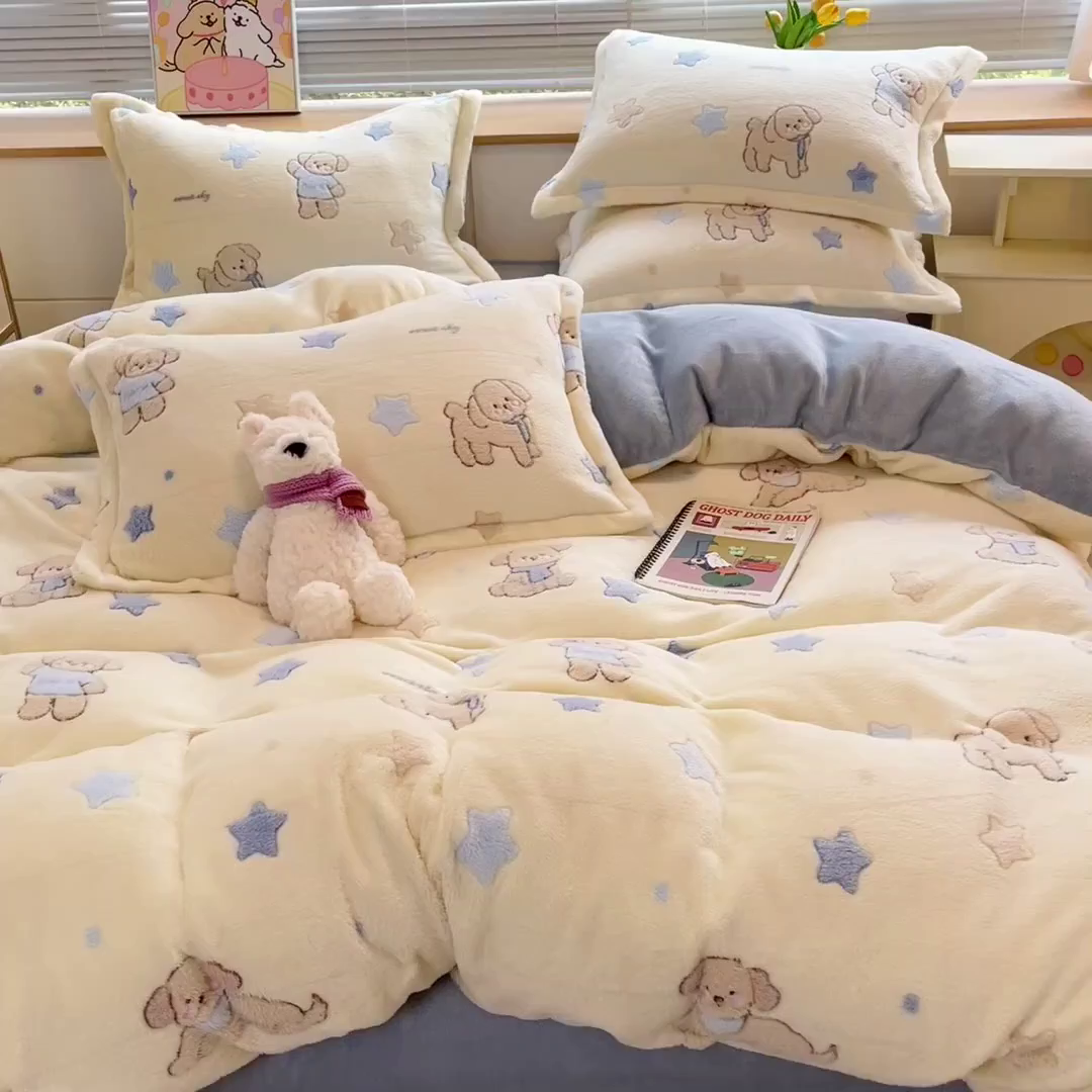 91家纺网 家纺一手货源 找家纺 慕尚家纺 2025新款高克重印花雪花绒四件套 旺福