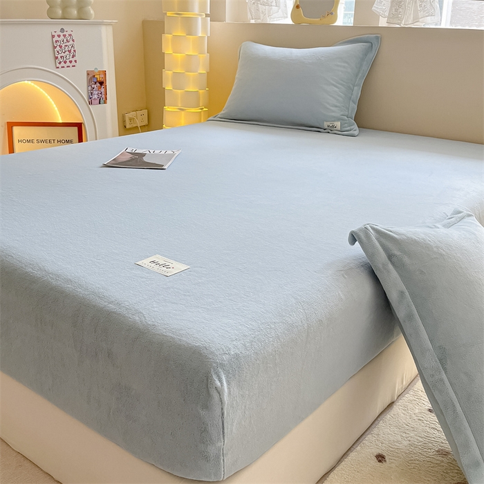 91家纺网 家纺一手货源 找家纺 857 2024新款纯色保暖高克重牛奶绒床笠 床笠-水蓝