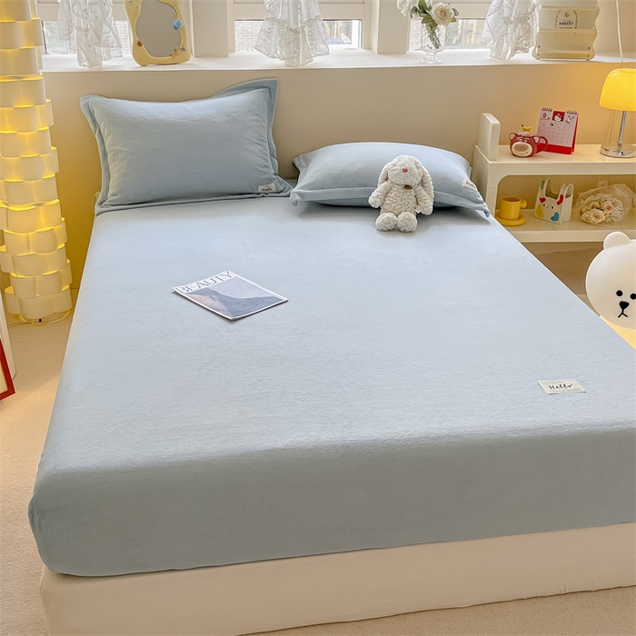 91家纺网 家纺一手货源 找家纺 857 2024新款纯色保暖高克重牛奶绒床笠 床笠-水蓝