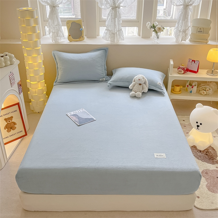 91家纺网 家纺一手货源 找家纺 857 2024新款纯色保暖高克重牛奶绒床笠 床笠-水蓝