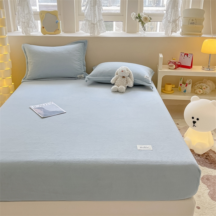 91家纺网 家纺一手货源 找家纺 857 2024新款纯色保暖高克重牛奶绒床笠 床笠-水蓝