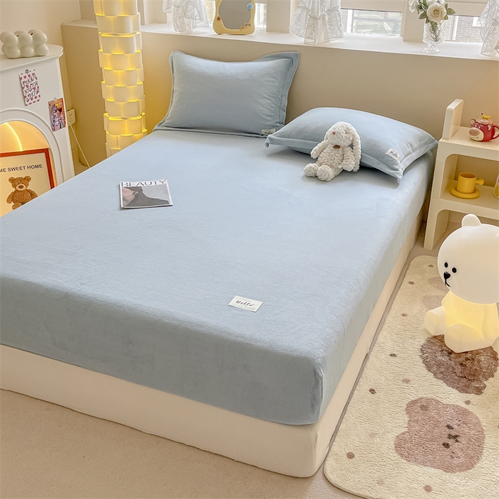 91家纺网 家纺一手货源 找家纺 857 2024新款纯色保暖高克重牛奶绒床笠 床笠-水蓝