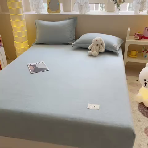 91家纺网 家纺一手货源 找家纺 857 2024新款纯色保暖高克重牛奶绒床笠 床笠-水蓝