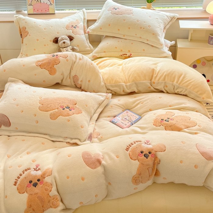 91家纺网 家纺一手货源 找家纺 慕尚家纺 2025新款高克重印花雪花绒四件套 辛巴狗