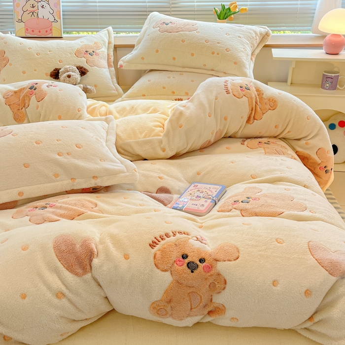 91家纺网 家纺一手货源 找家纺 慕尚家纺 2025新款高克重印花雪花绒四件套 辛巴狗