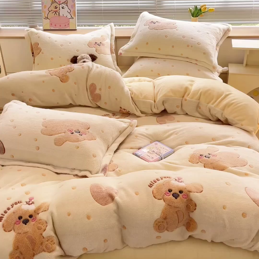 91家纺网 家纺一手货源 找家纺 慕尚家纺 2025新款高克重印花雪花绒四件套 辛巴狗