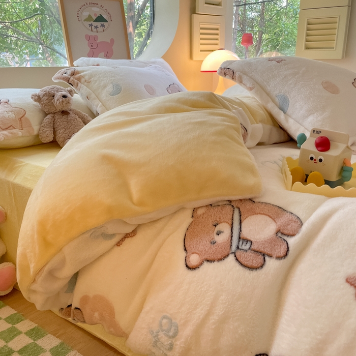 91家纺网 家纺一手货源 找家纺 慕尚家纺 2025新款高克重印花雪花绒四件套 星空熊