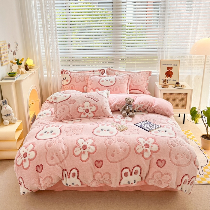 91家纺网 家纺一手货源 找家纺 慕尚家纺 2025新款高克重印花雪花绒被套单件 花花小兔