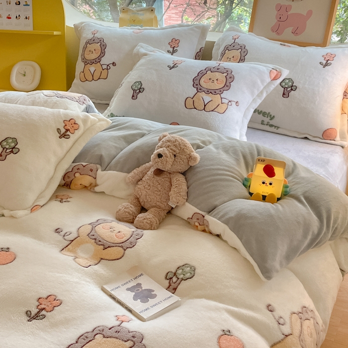 91家纺网 家纺一手货源 找家纺 慕尚家纺 2025新款高克重印花雪花绒四件套 幸运狮