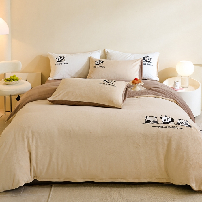 91家纺网 家纺一手货源 找家纺 ONE TWO ONE 121 新品【牛奶绒刺绣四件套】2025毛毯被子四件套单件床单被套床笠珊瑚绒牛奶绒冬被法兰绒兔毛绒panda panda-深咖