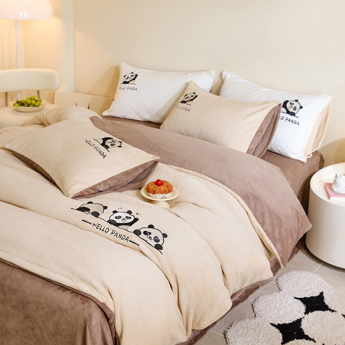 91家纺网 家纺一手货源 找家纺 ONE TWO ONE 121 新品【牛奶绒刺绣四件套】2025毛毯被子四件套单件床单被套床笠珊瑚绒牛奶绒冬被法兰绒兔毛绒panda panda-深咖