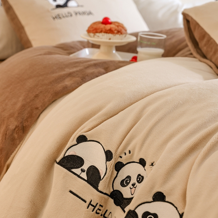 91家纺网 家纺一手货源 找家纺 ONE TWO ONE 121 新品【牛奶绒刺绣四件套】2025毛毯被子四件套单件床单被套床笠珊瑚绒牛奶绒冬被法兰绒兔毛绒panda panda-深咖