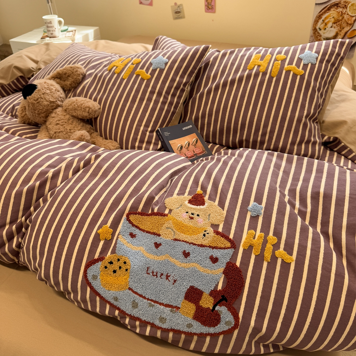 91家纺网 家纺一手货源 找家纺 慕尚家纺 2025新款全棉磨毛毛巾绣单被套 布丁狗