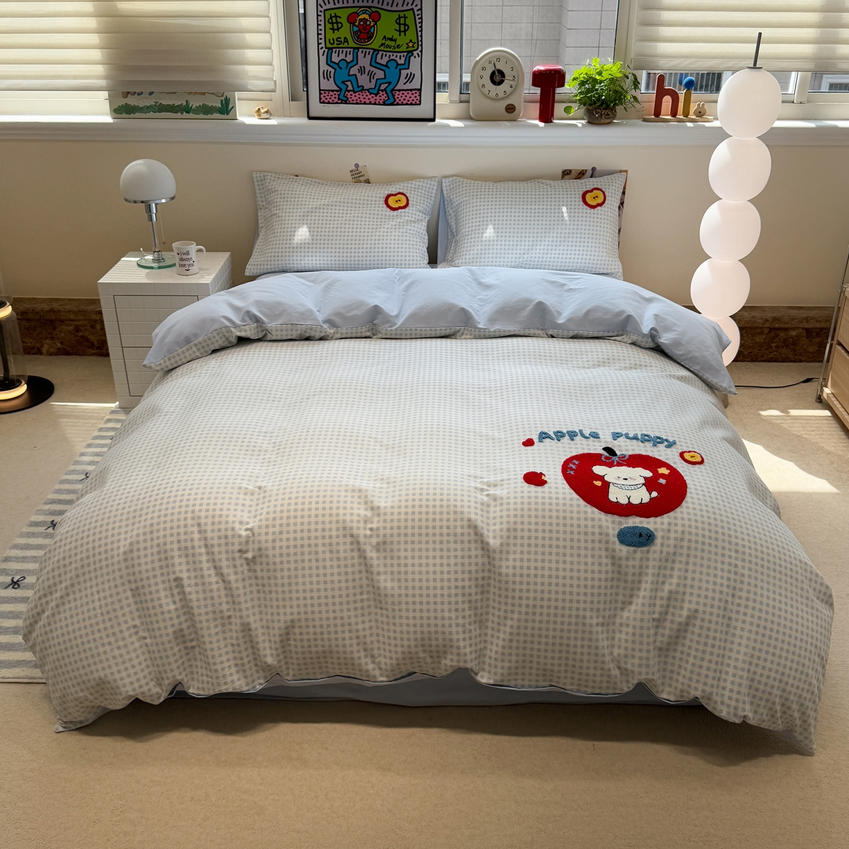 91家纺网 家纺一手货源 找家纺 慕尚家纺 2025新款全棉磨毛毛巾绣四件套 红苹果比熊