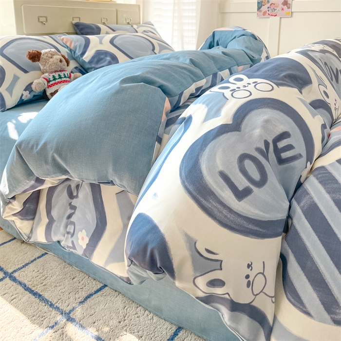 91家纺网 家纺一手货源 找家纺 澜妃 2025春夏新款12868全棉纯棉印花单被套 爱心兔-蓝