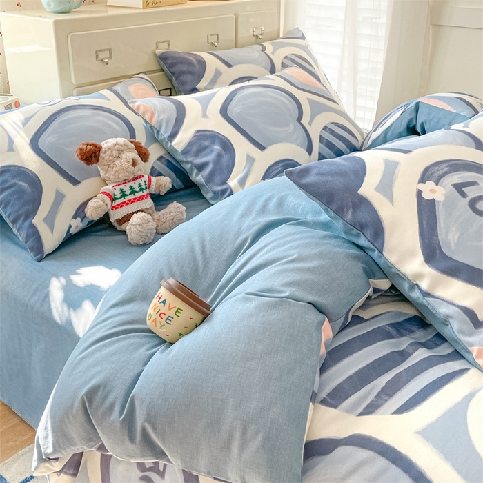 91家纺网 家纺一手货源 找家纺 澜妃 2025春夏新款12868全棉纯棉印花单被套 爱心兔-蓝