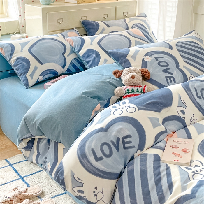 91家纺网 家纺一手货源 找家纺 澜妃 2025春夏新款12868全棉纯棉印花单被套 爱心兔-蓝