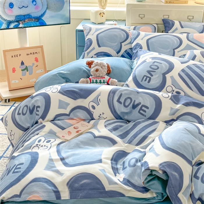 91家纺网 家纺一手货源 找家纺 澜妃 2025春夏新款12868全棉纯棉印花单被套 爱心兔-蓝