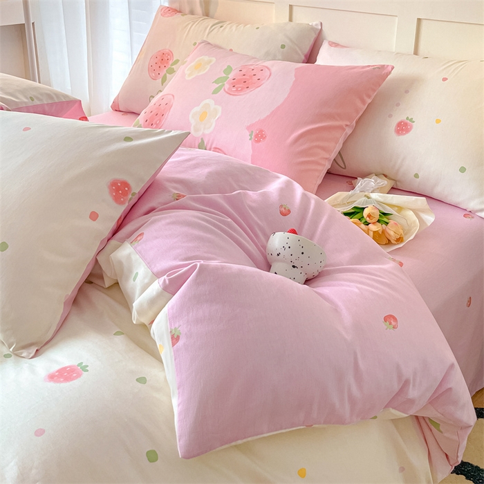 91家纺网 家纺一手货源 找家纺 澜妃 2025春夏新款12868全棉纯棉印花单被套 草莓酸奶-粉