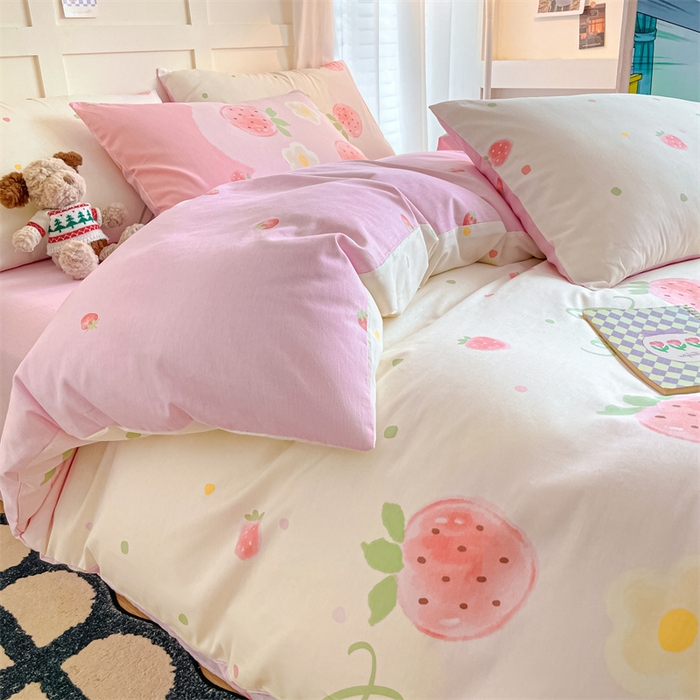 91家纺网 家纺一手货源 找家纺 澜妃 2025春夏新款12868全棉纯棉印花单被套 草莓酸奶-粉