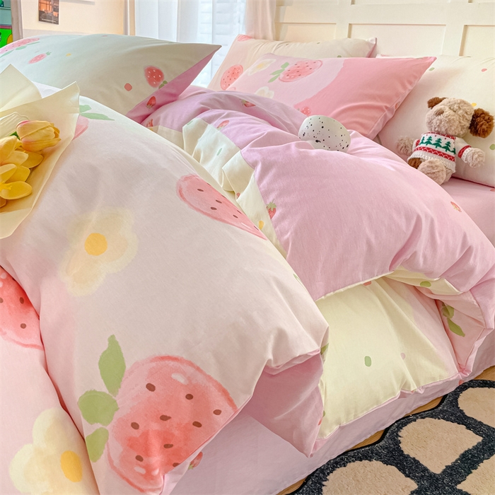 91家纺网 家纺一手货源 找家纺 澜妃 2025春夏新款12868全棉纯棉印花单被套 草莓酸奶-粉