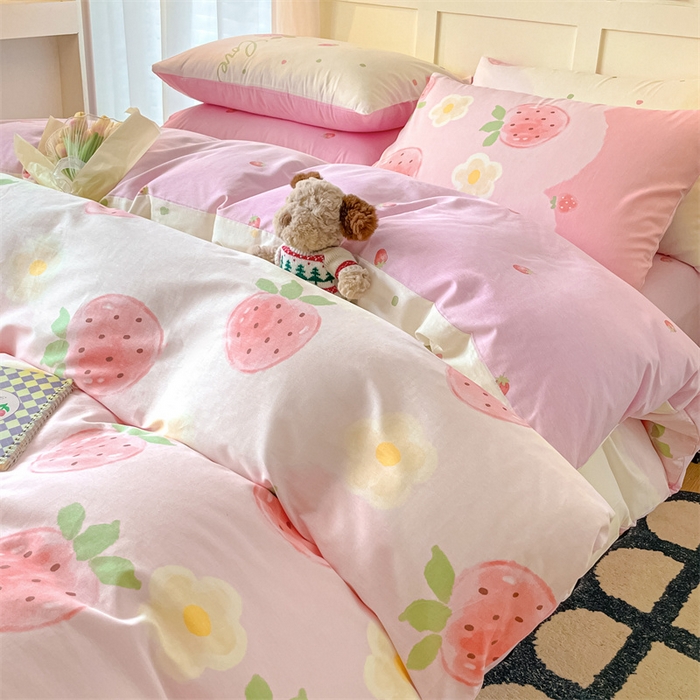 91家纺网 家纺一手货源 找家纺 澜妃 2025春夏新款12868全棉纯棉印花单被套 草莓酸奶-粉