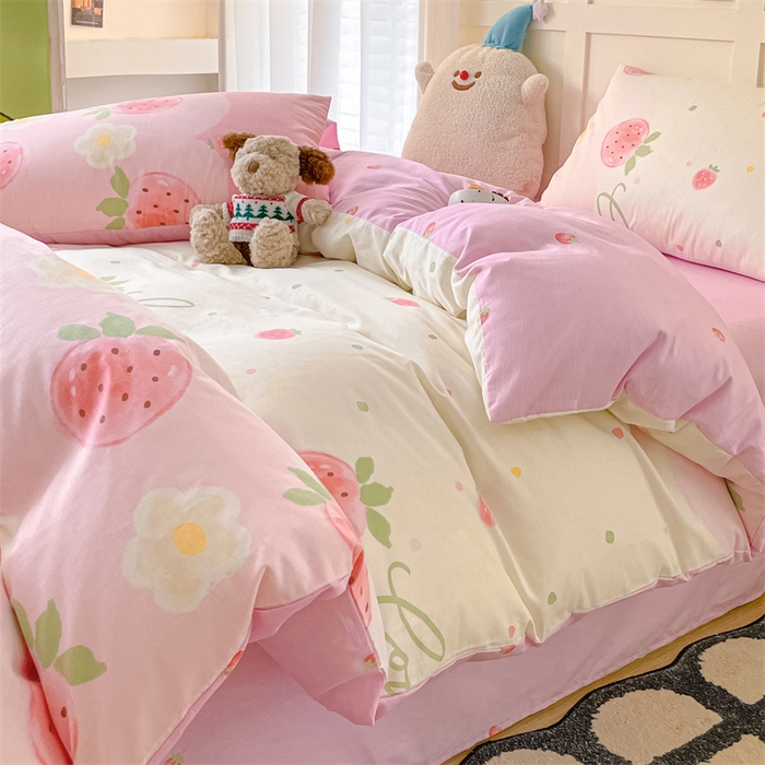 91家纺网 家纺一手货源 找家纺 澜妃 2025春夏新款12868全棉纯棉印花单被套 草莓酸奶-粉