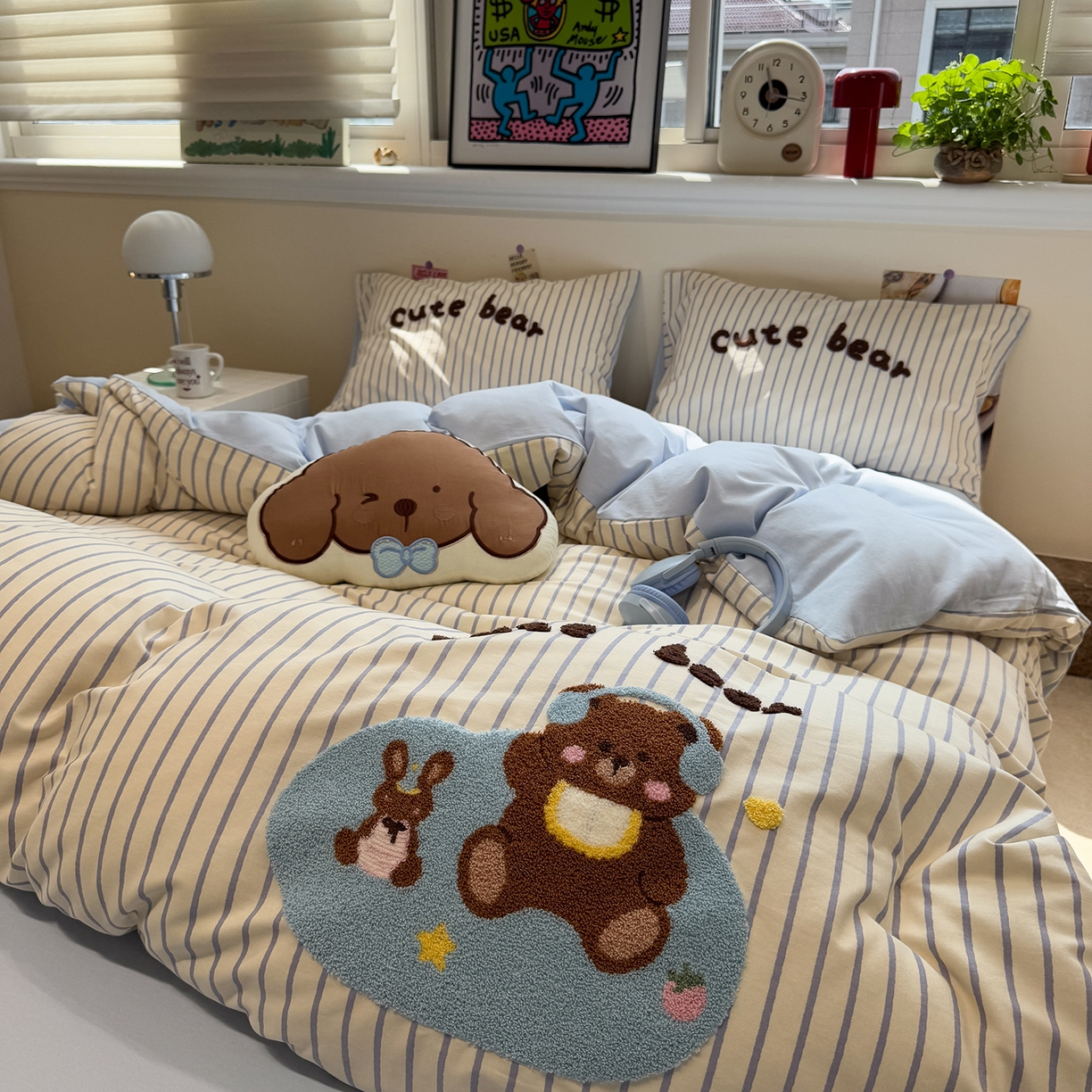 91家纺网 家纺一手货源 找家纺 慕尚家纺 2025新款全棉磨毛毛巾绣四件套 音乐小熊