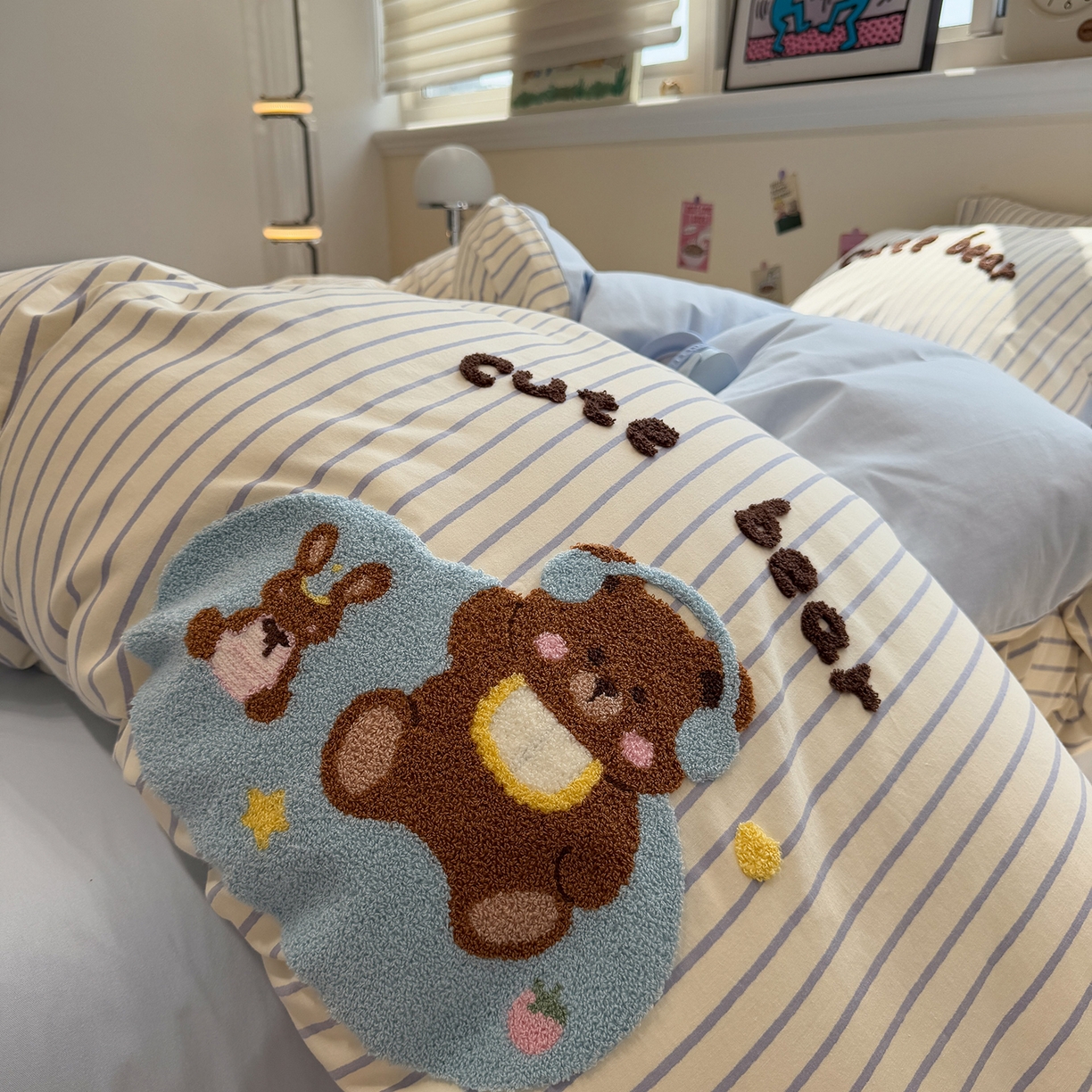 91家纺网 家纺一手货源 找家纺 慕尚家纺 2025新款全棉磨毛毛巾绣单被套 音乐小熊