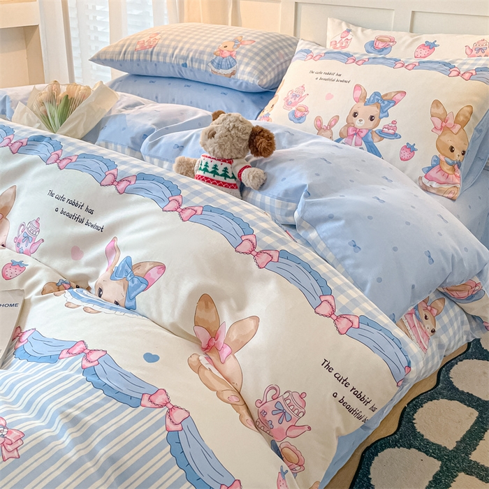 91家纺网 家纺一手货源 找家纺 澜妃 2025春夏新款12868全棉纯棉印花单被套 萌兔精灵