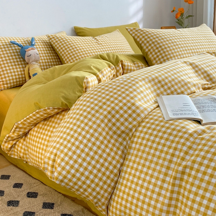 91家纺网 家纺一手货源 找家纺 澜妃 2025春夏新款12868全棉纯棉印花单被套 黄小格