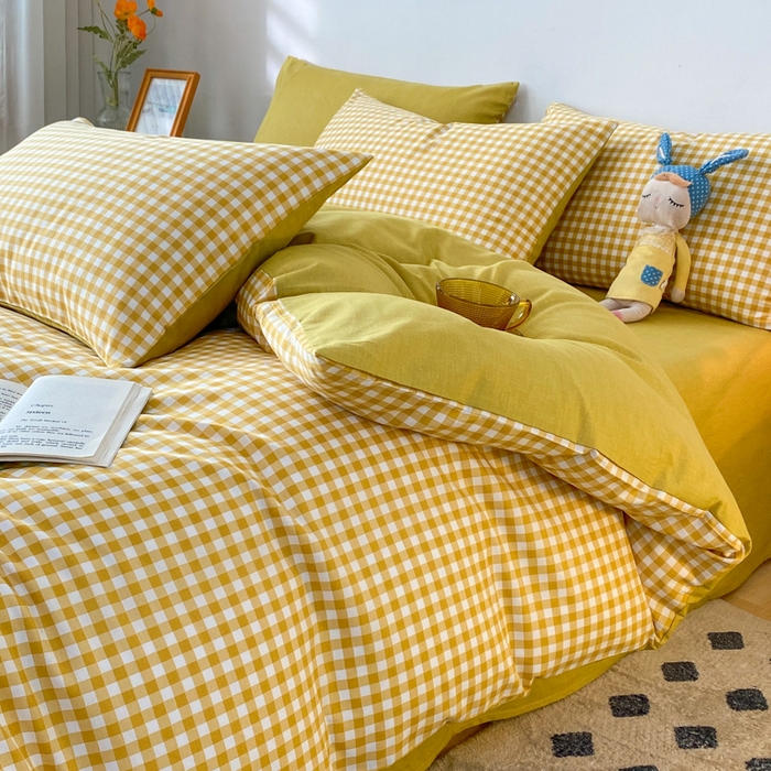 91家纺网 家纺一手货源 找家纺 澜妃 2025春夏新款12868全棉纯棉印花单被套 黄小格