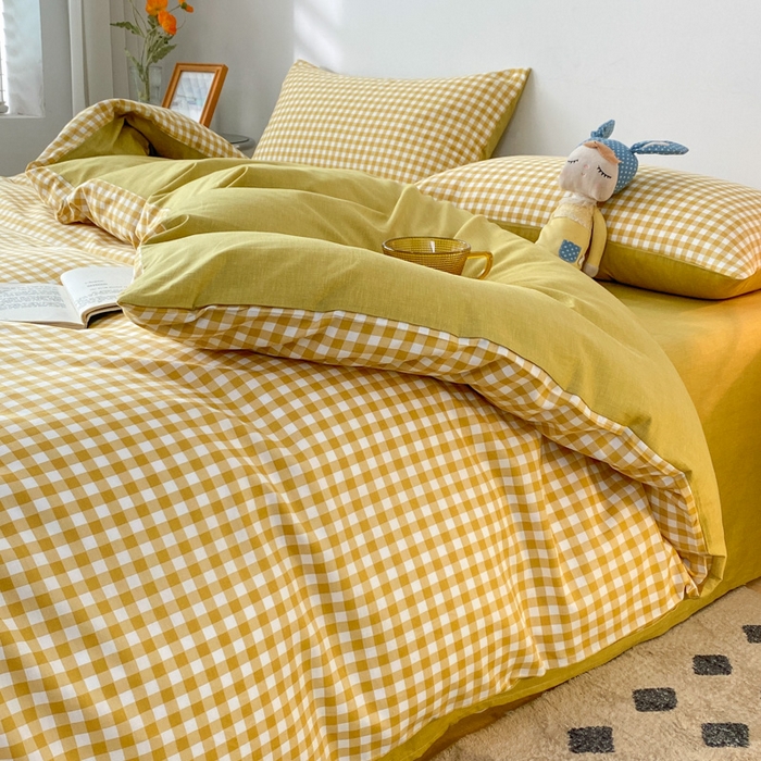 91家纺网 家纺一手货源 找家纺 澜妃 2025春夏新款12868全棉纯棉印花单被套 黄小格