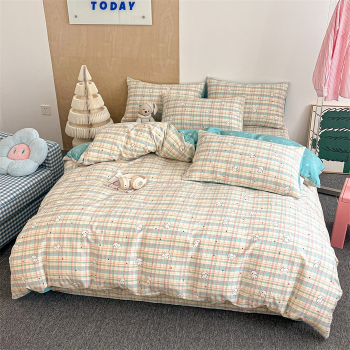 91家纺网 家纺一手货源 找家纺 澜妃 2025春夏新款12868全棉纯棉印花单被套 彩虹格小狗