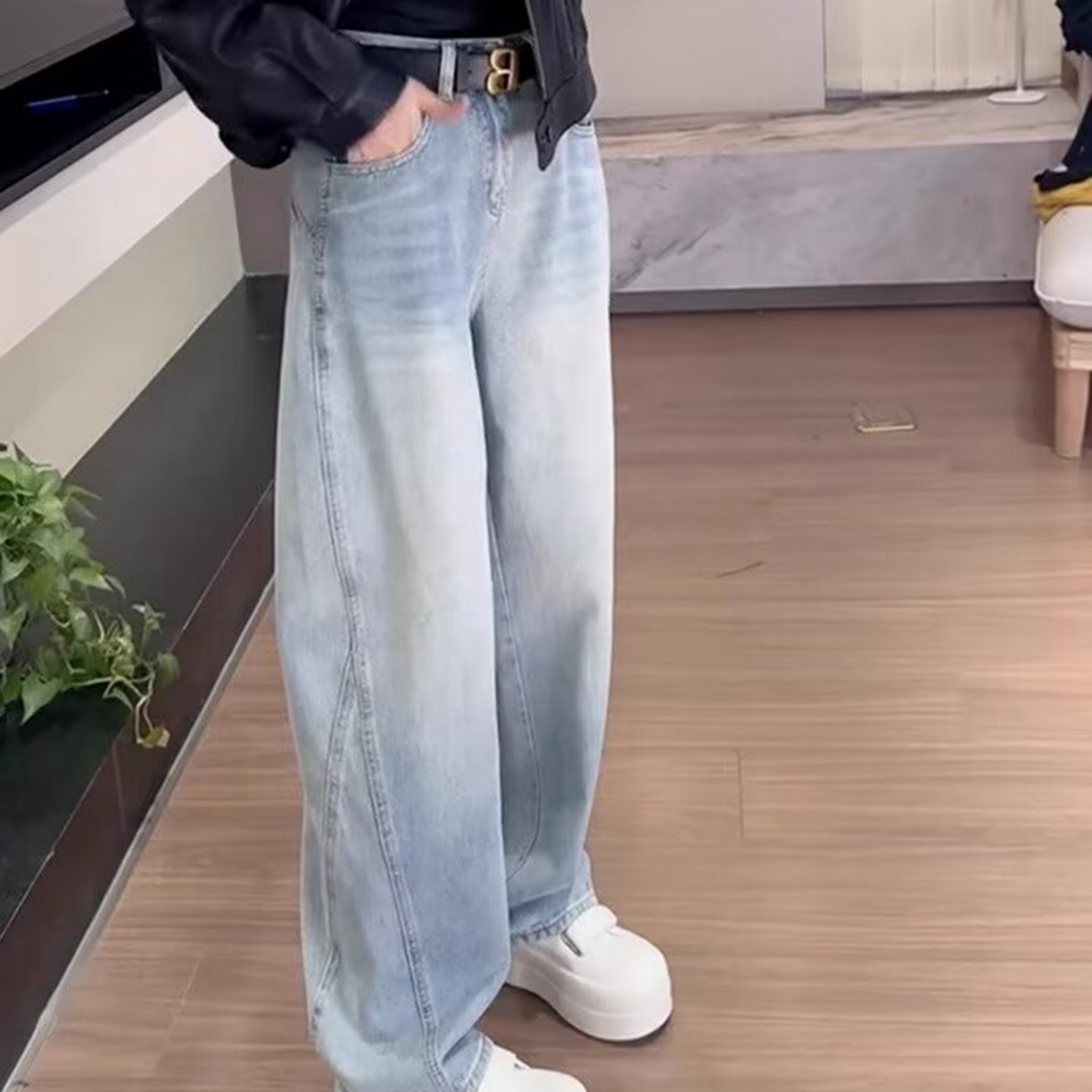 洛兰沙家居馆【只代发】【只代发】 2025新款白色直筒牛仔裤胖妹妹宽松显瘦松弛感弯刀裤牛仔裤2 蓝色