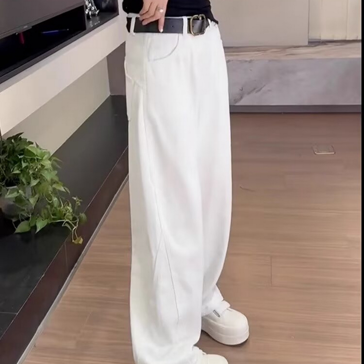 洛兰沙家居馆【只代发】【只代发】 2025新款白色直筒牛仔裤胖妹妹宽松显瘦松弛感弯刀裤牛仔裤2 白色