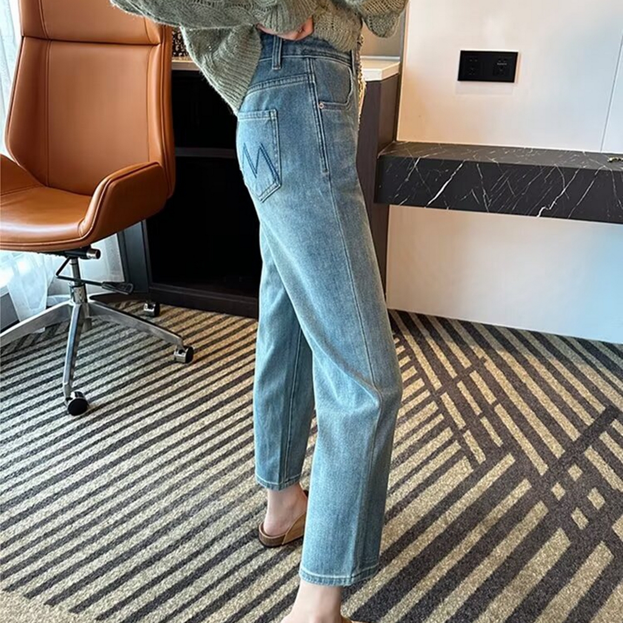 91家纺网 家纺一手货源 找家纺 洛兰沙家居馆【只代发】【只代发】 2025新款大码胖mm美式高街直筒牛仔裤女高腰宽松显瘦九分烟管裤子牛仔裤3 浅蓝