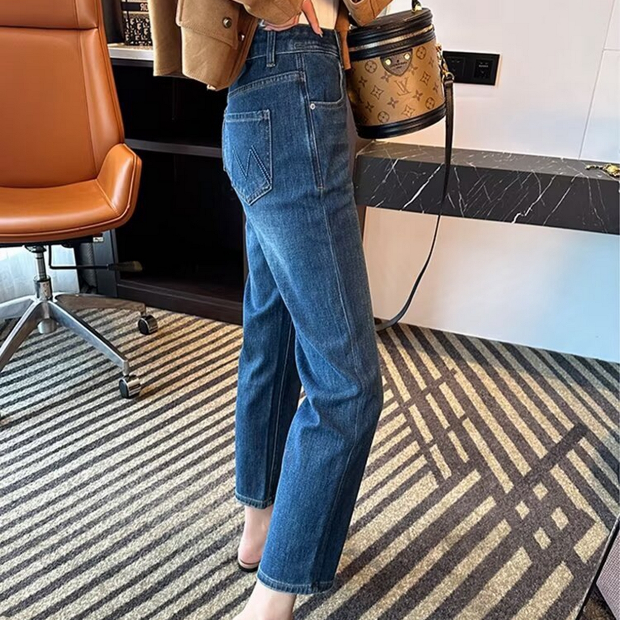 洛兰沙家居馆【只代发】【只代发】 2025新款大码胖mm美式高街直筒牛仔裤女高腰宽松显瘦九分烟管裤子牛仔裤3 深蓝