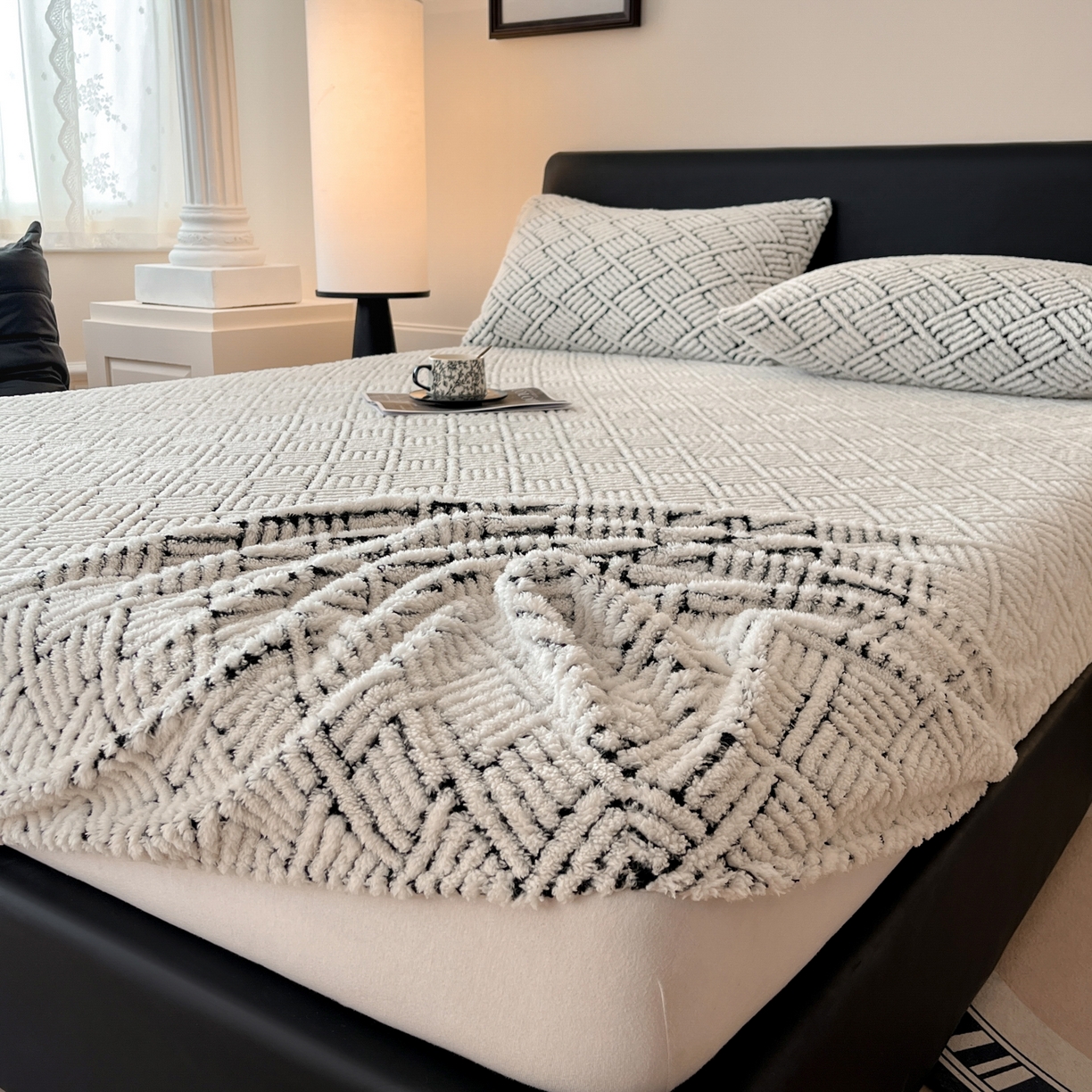 91家纺网 家纺一手货源 找家纺 莱家富 2026新款暖绒舒棉绒床笠-梦境系列（可供跨境外贸抽空压缩爆款首选） 梦境-幻白